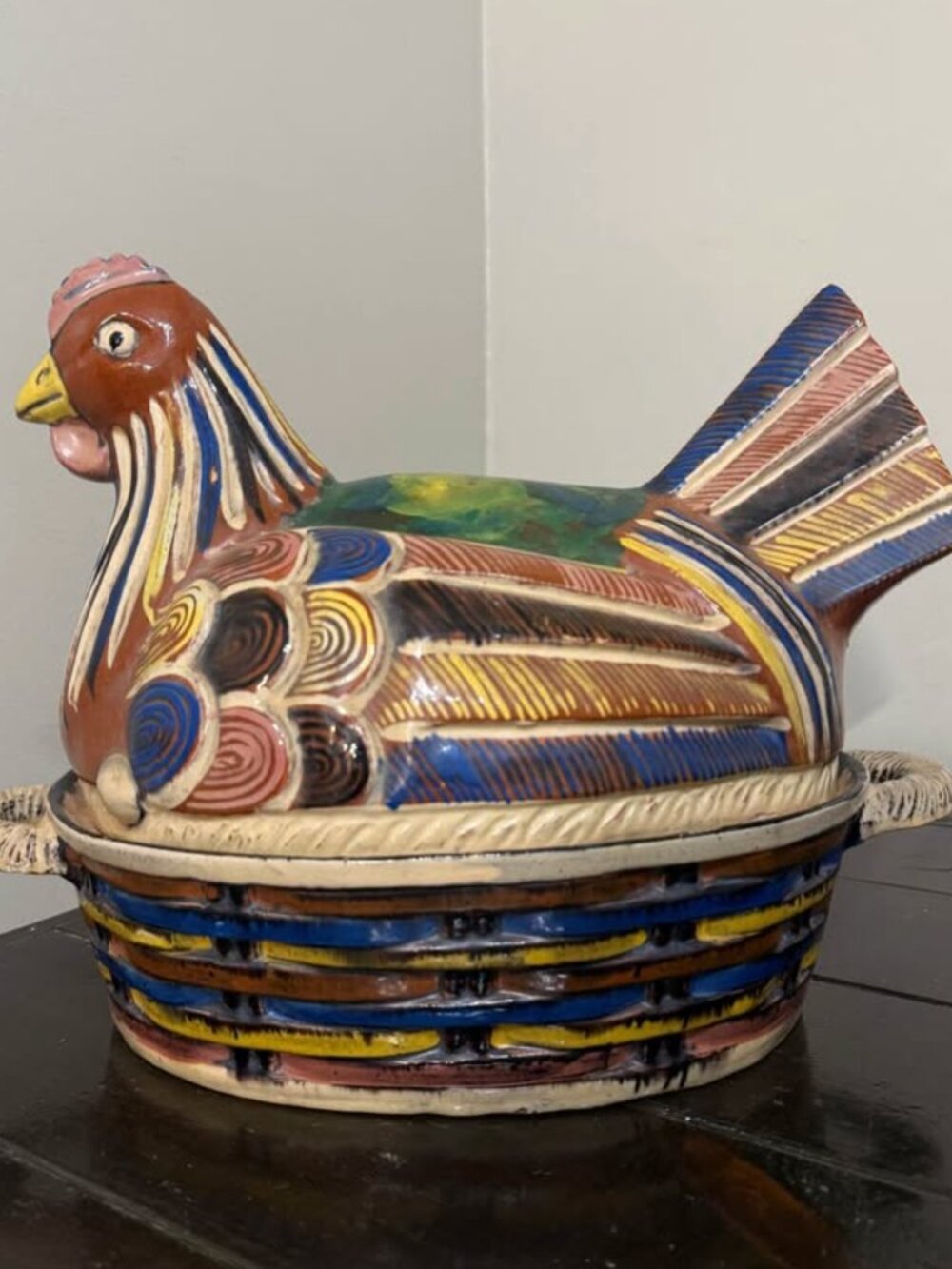 Vtg 1940s Mexico Tlaquepaque Large Hen on Nest Pottery Chicken Covered Casserole